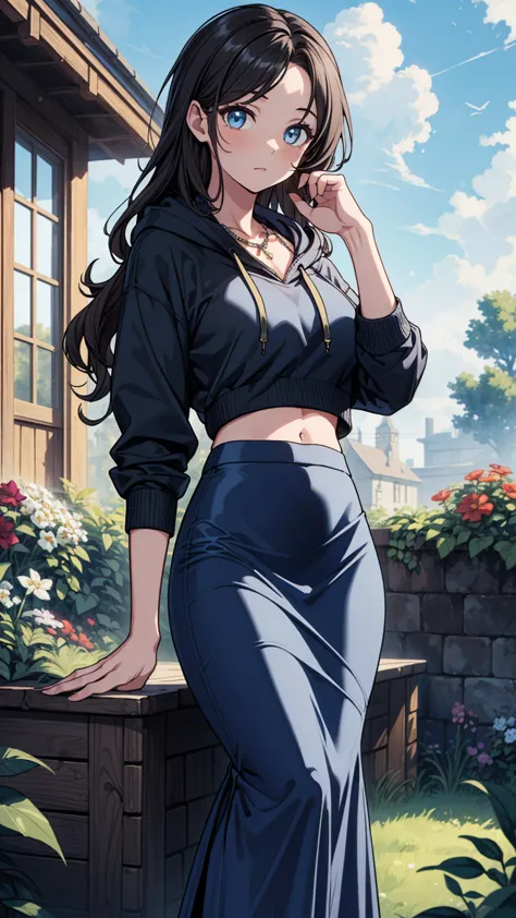 ((masterpiece, best quality:1.3, high detail)), beautiful woman, long wavy hair, (dark hair), bright eyes, (blue hoodie), (black pencil (skirt)), (long skirt:1.3), midriff, navel, necklace, collarbone, outdoors, garden, (cloudy sky), (lower body), 