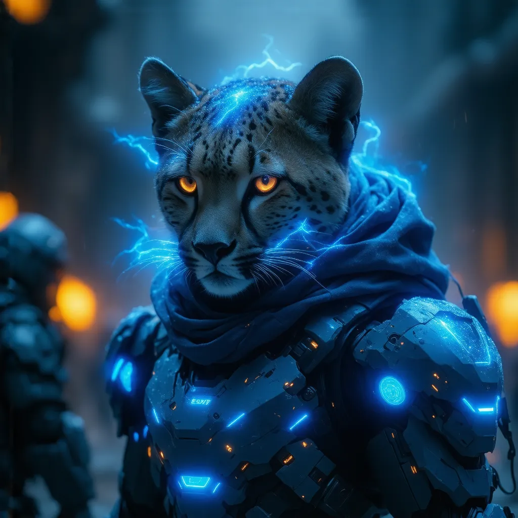 Make this more realistic A superhero cheetah, dynamic pose, futuristic armor with glowing neon accents (blue and orange), fierce glowing eyes, standing on a futuristic battlefield, cyberpunk style, detailed facial expression, cinematic lighting, 8k resolut...