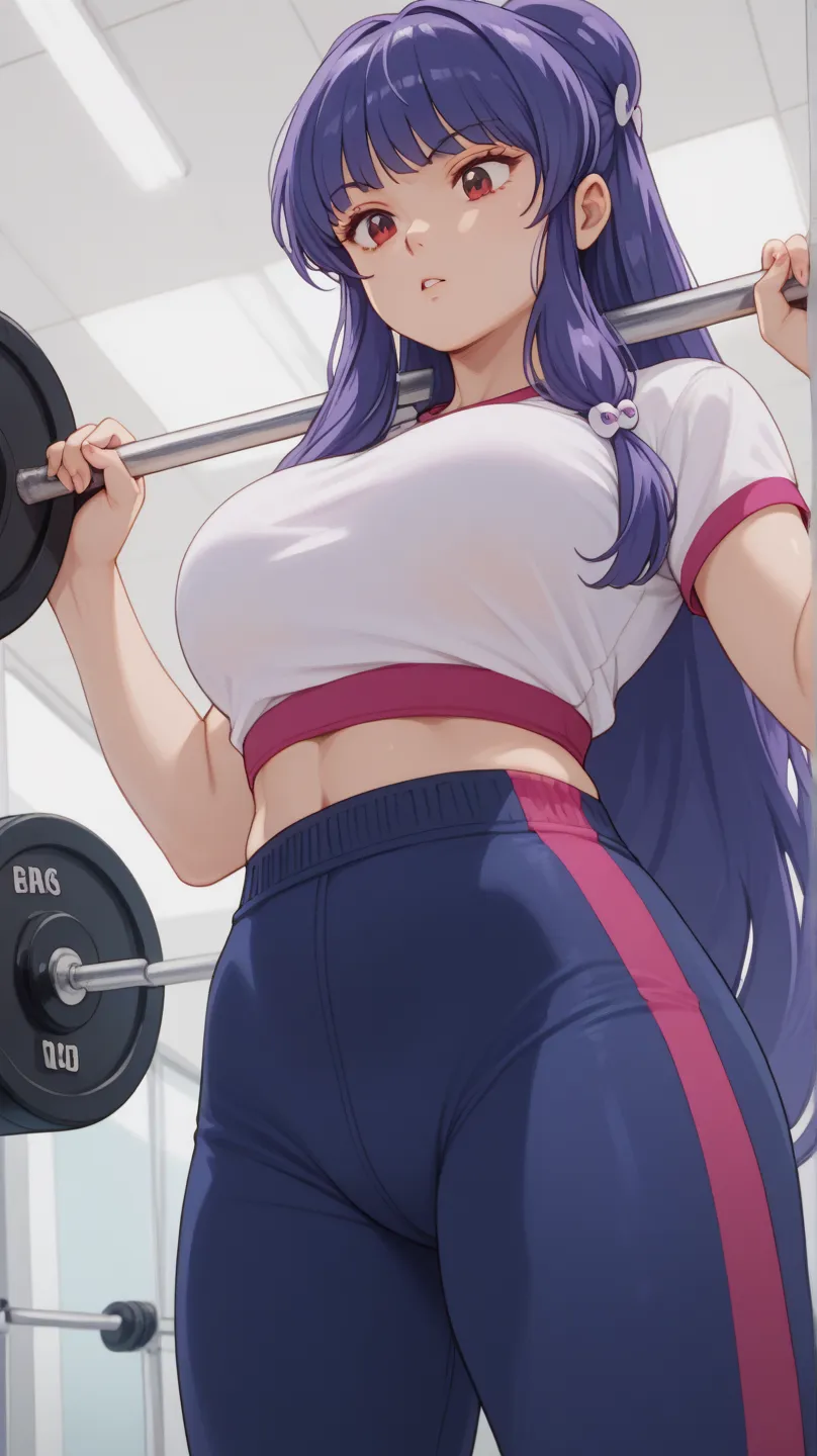 I'm lifting weights, angle from directly below, Alone, Shampoo, long hair, purple hair, hair bun, bangs, hair ornament, make up, red eyes, big breast,
Ohnamn, pubic hair