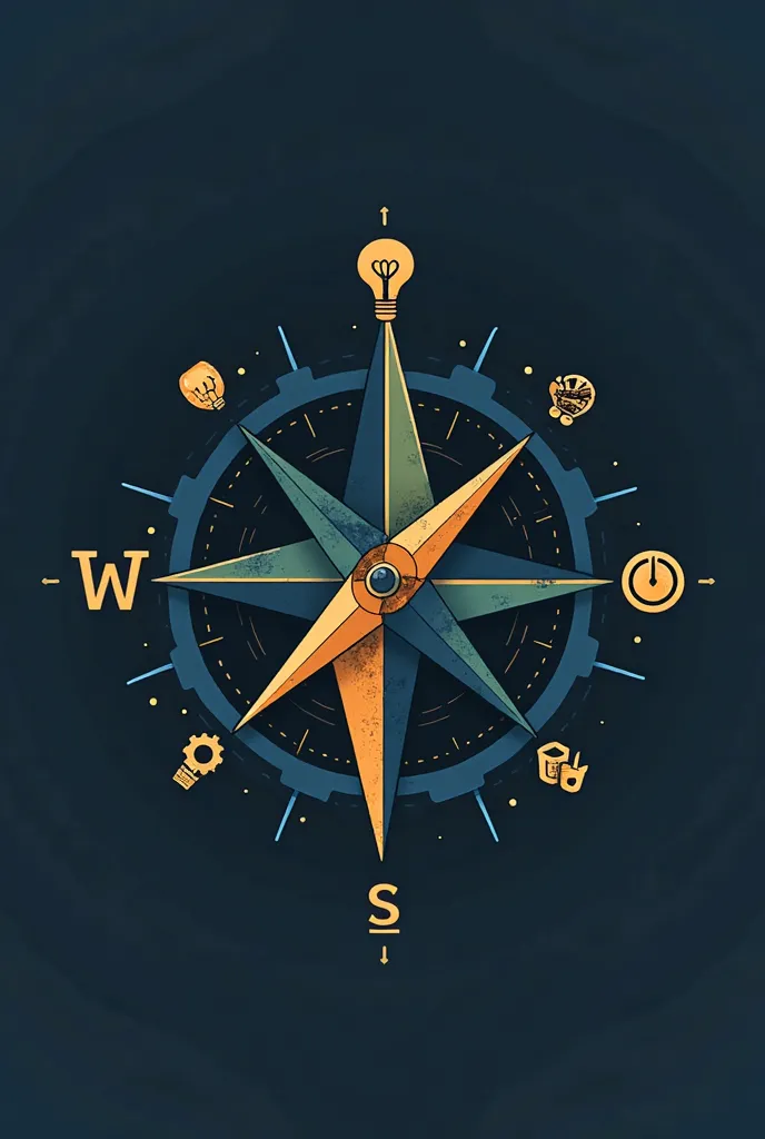 Base: A well-defined compass, not so minimalist, with a needle in the center.

Addresses represented with symbols:

 north : a light bulb (innovation and ideas).

On: An upward graph (growth and financial success).

It is: A hand holding a tool or brush (c...