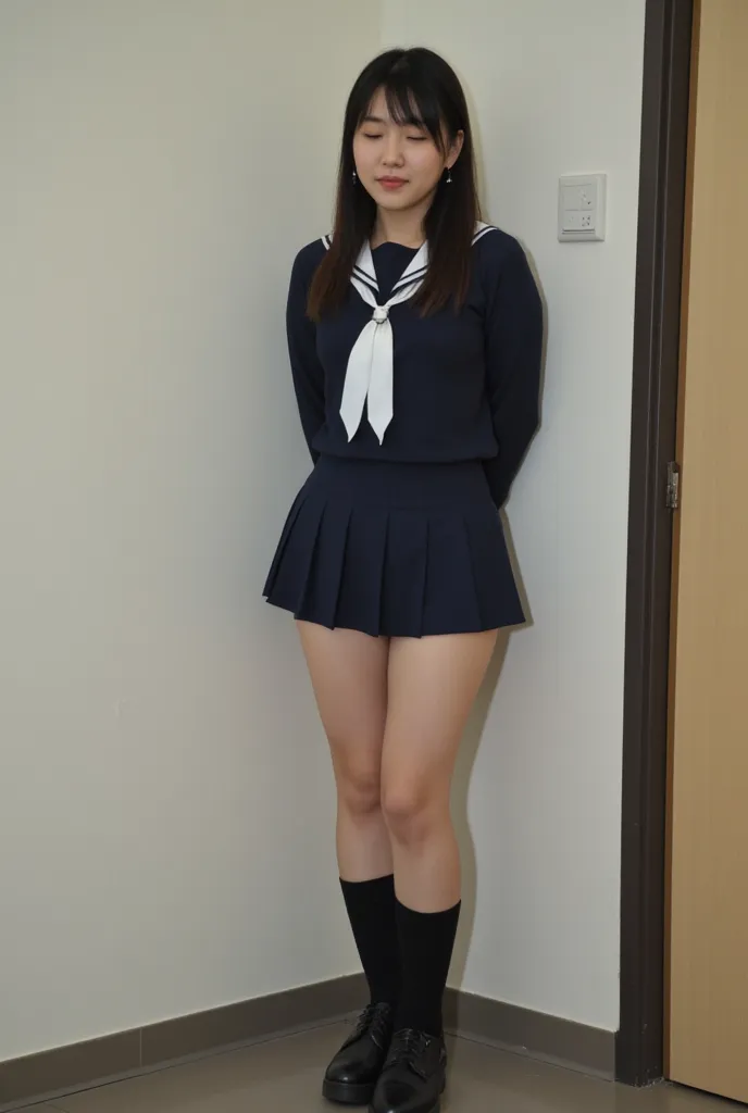 Japanese female college student、22 years old、Height: 160cm Stand by the wall in the school class room、 full body view、black hair、  long hair、Long legs, beautiful feet、 lower body nude、thick hair、She has flashy earrings in both ears  、 navy  long sleeve sai...