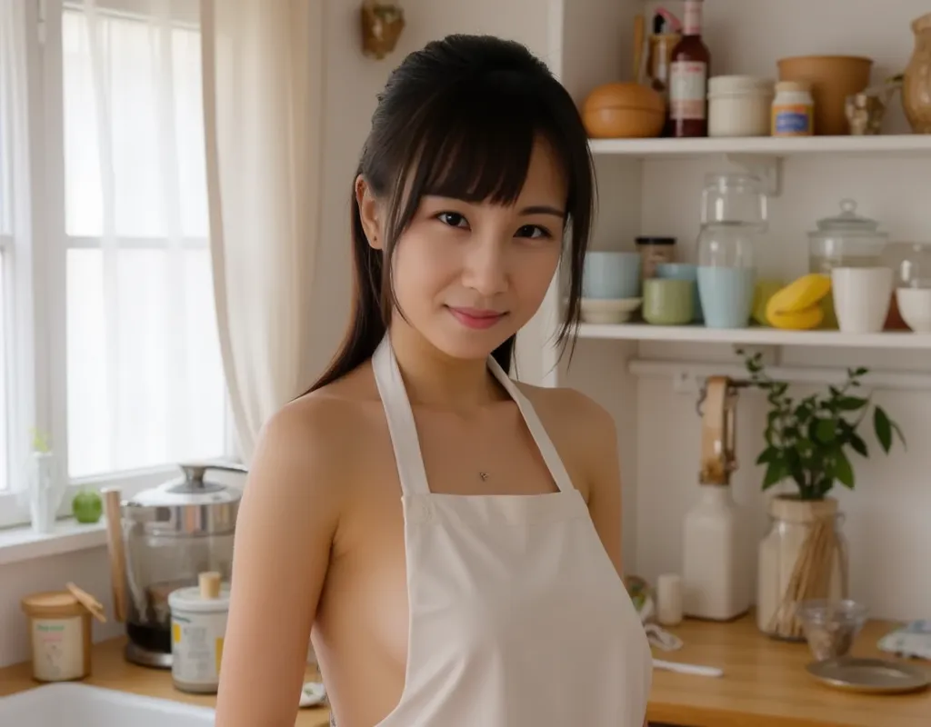  full body shot、(Real, Photo realistic), 1 girl, Asian, ponytail , I'm going to flip through Apron, Standing, In the kitchen, see here、apron、 full body shot、taken from the side、 full body shot、Completely nakedエプロン、Shoot the whole picture、、 full body shot、s...