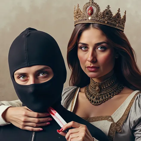 Realistic, A Very beautiful woman, woman very thick hair, boy hoodie, woman kill boy, woman very big breast, woman slaughters boy neck like a lamb, boy neck is flowing with blood, woman knife, boy dead, boy full face mask