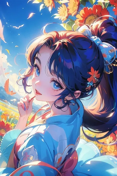 (Anime:1.4) A cute and surreal  girl looking happily into the camera, a pretty woman playing with a small kitten, and a blue sky. In the background is a flower field with a vast mystical backdrop of vibrant red, blue, yellow, purple, white and orange color...