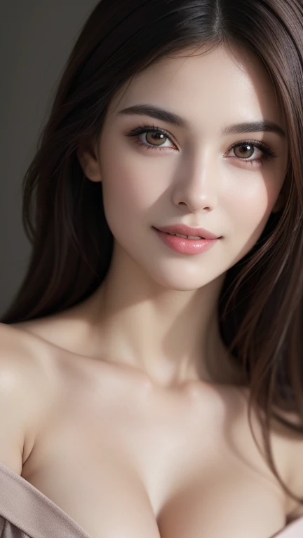 1 woman, (Ultra realistic, high res), (highly detailed eyes, highly detailed hair, highly detailed face, highly detailed plump lips), (off shoulder with open breasts), breasts, upper body, caute smile, (best quality:1.4), Raw photo, (realistic, photo-reali...