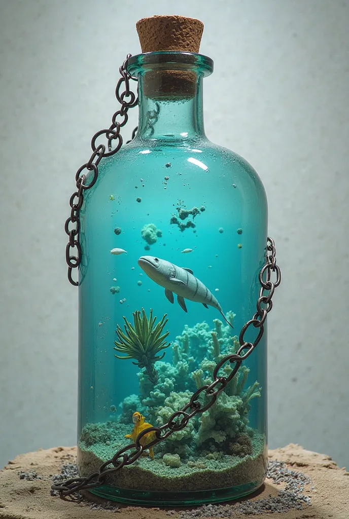 The Sea Enclosed in a Bottle, the Long Hope of Bolivia"
 Description of the work :
• The Bottle: Represents the sea enclosed, contained inside a floating bottle. The bottle could be large and made of glass, located in the center of the work, with turquoise...