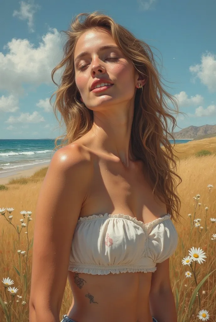 (masterpiece. ultra high definition .Oil paint) Medium Full Shot.(bitcoin).  super hot and gorgeous european woman. Age 23. landscape. Big Breasts (I'm watching over a small  with a smile、 clear sky