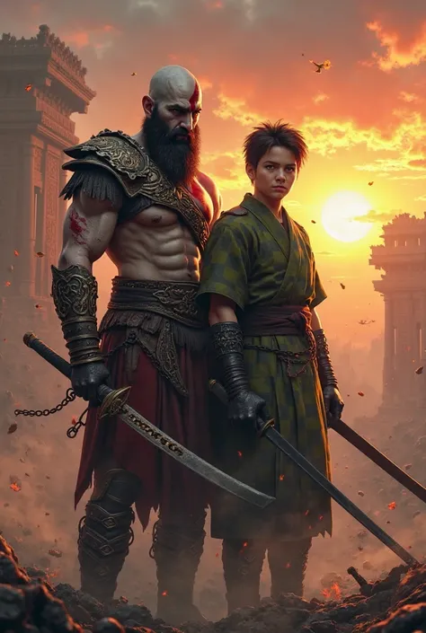 "A highly realistic and cinematic digital painting featuring Kratos from *God of War* standing side by side with Tanjiro Kamado from *Demon Slayer*. Kratos, the mighty Spartan warrior, has a muscular build, pale skin marked by his signature red tattoo, and...