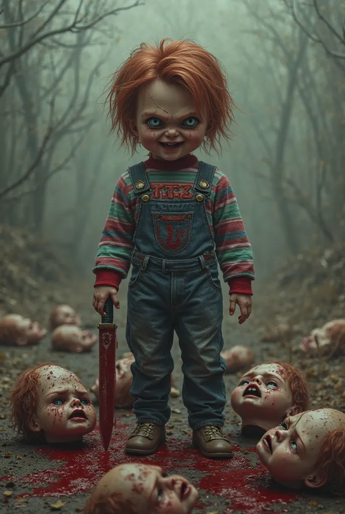 Glen Filho de Chucky e Tiffany, with a bloody knife in his hands with several heads cut into the ground, with the inscription TTez on her chest