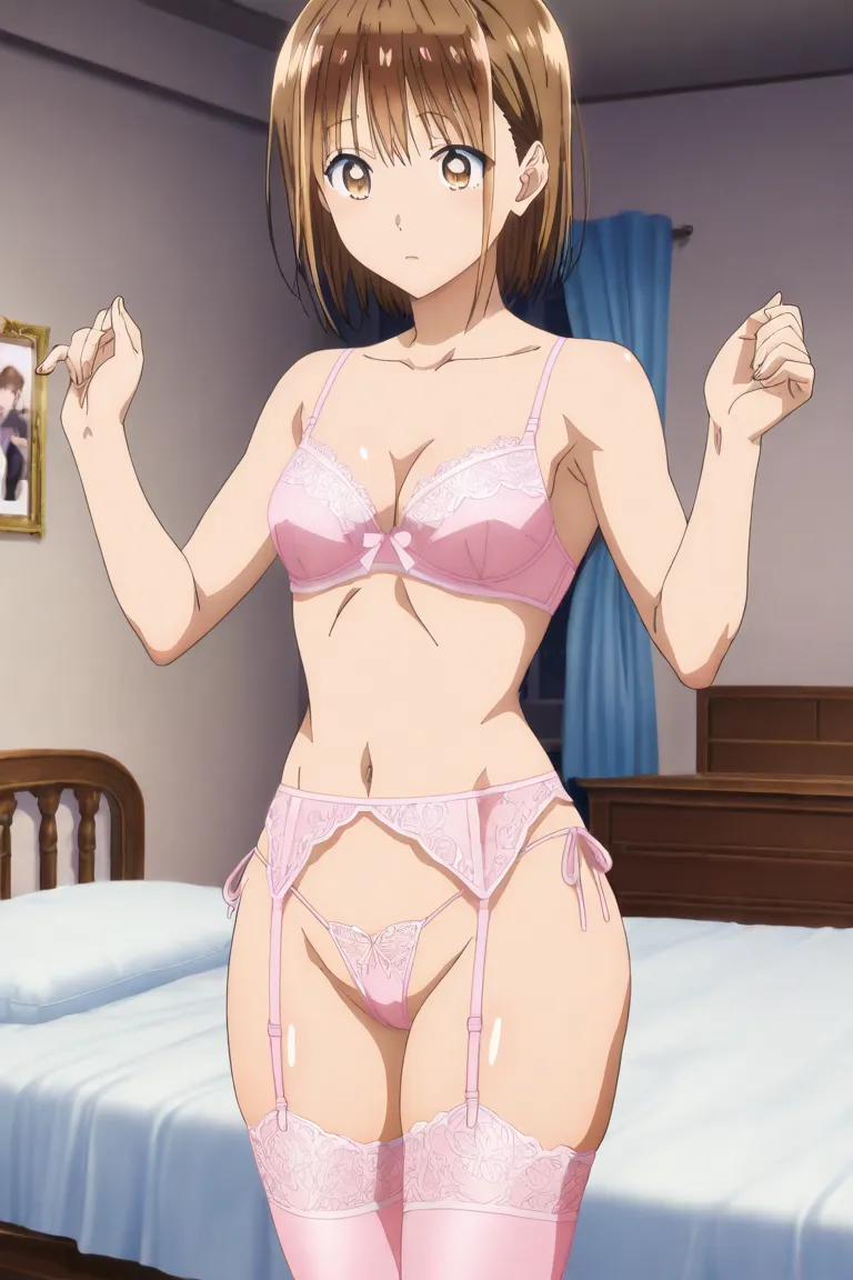 masterpiece、great quality、curvy beauty, anime screenshot, muscle upward、Chinatsu Shikano、brown eyes, brown hair, short hair、small breasts、Eye highlight enhancement, bedroom, Pink lingerie, lace-trimmed bra, (garter belt:1.3), thighhighs, cleavage, side-tie...