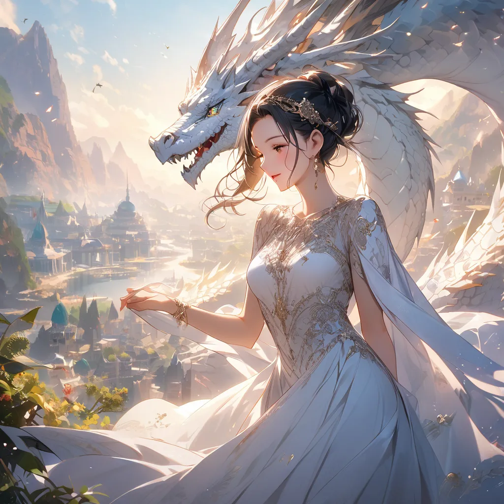 fine work,white dragon,woman,Embrace the world