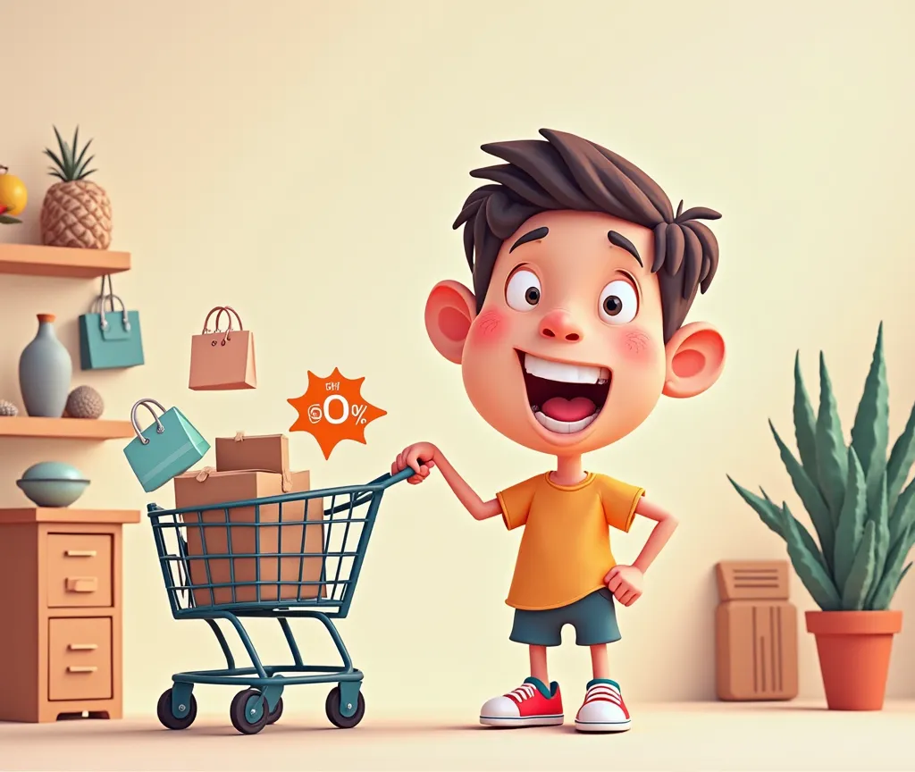 "A caricaturized image of a consumer of offers,  represented in a minimalist way , with soft colors and a style inspired by cartoons from the 90s. The consumer appears viewing shopping offers, were with a cheerful but powerful expression and a little excit...