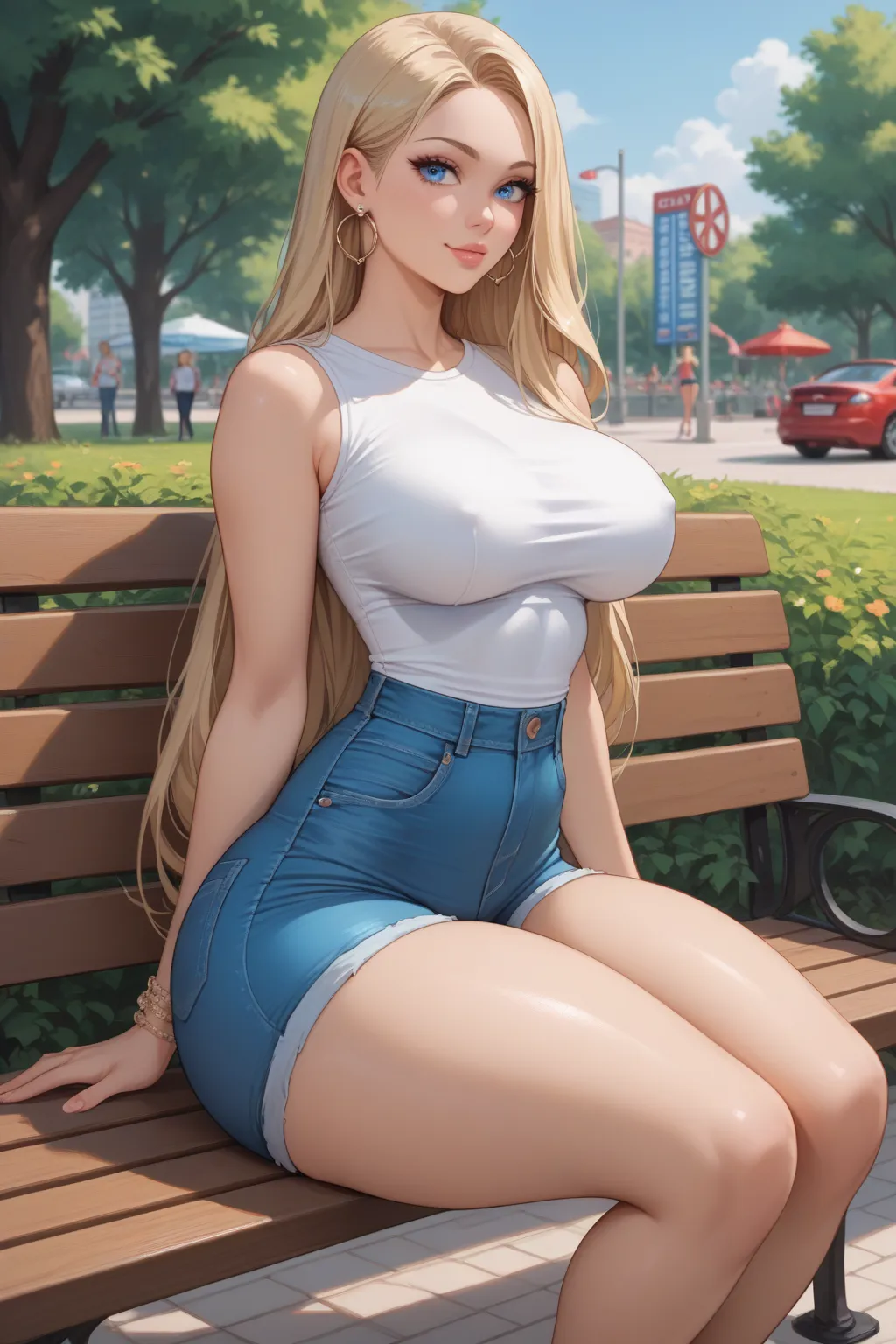 young attractive sexy russian woman, 18 years old, cute baby face, blue eyes, (panties,Small tight jeans shorts:1.2), Big Breasts, Light blonde hair, Long Hair, Earrings, (sit on bench in public park), (From head to end of skirt) ,8k, RAW Photos, Highest q...