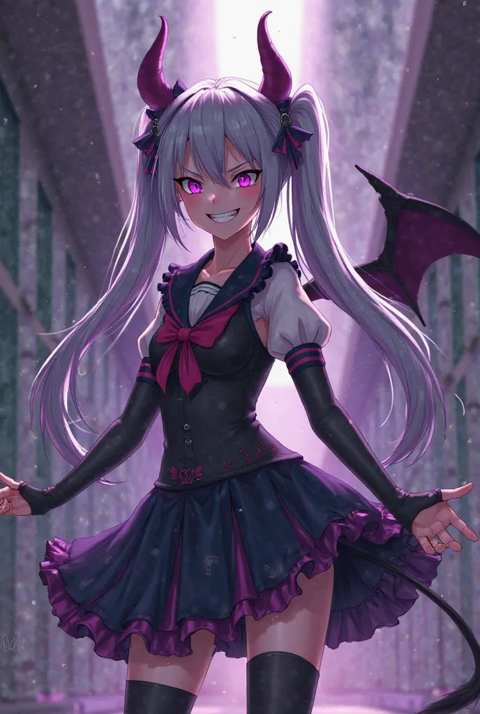 anime style　Magical Girl　silver-haired purple-eyed 　HIGH SCHOOL GIRLS　One person　evil smile　twin tails　Ruffled rubber suit in black and purple　Devil's Wings　devil's horns　Devil's Tail