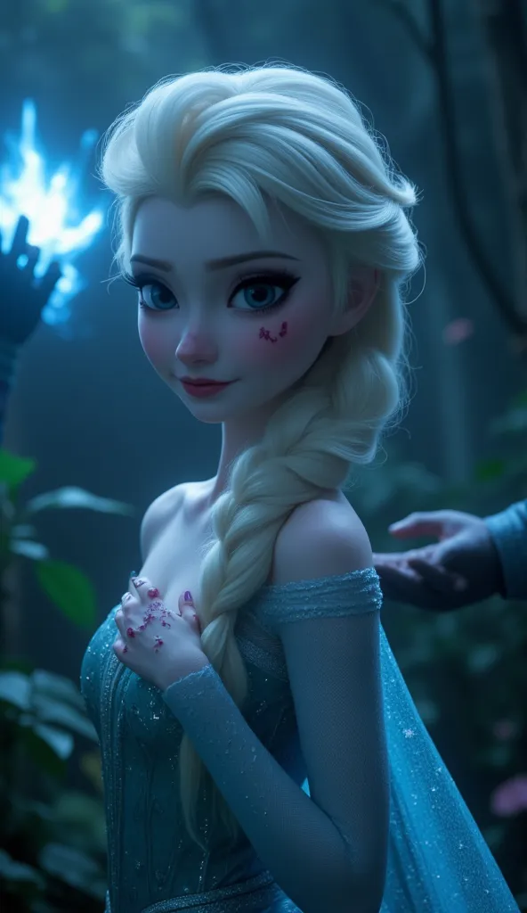 "Disney's Elsa, looking incr.edibly real and beautiful, walking through a dark, eerie jungle. Her face and hands show signs of cuts and bruises. Behind her, a magical hand is reaching out, adding an element of mystery and enchantment. The scene is set in a...