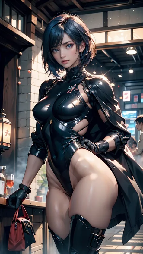 Ghost in the Shell 90s vintage anime style, Robotics, SF,  future, surrealism, Akira Style, Advanced Suit, detailed line art, fine details, Greg Rutkovsky Shinkai Makoto Kyoto Animation Key Visual Feminine Composition、Motoko Kusanagi(Navy blue hair color、b...