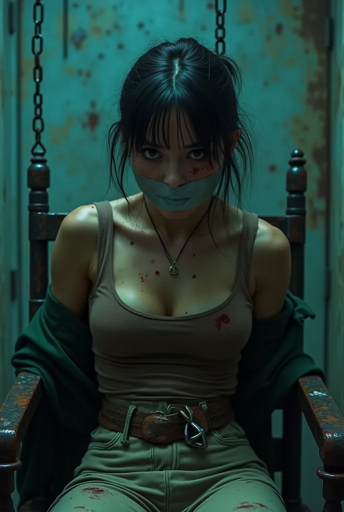 The image captures a chilling close-up of a woman bound to a rusted metal chair, bathed in the dim, flickering glow of cold blue light. Her dark hair is tightly pulled back into a ponytail, though a few loose strands cling to her damp forehead. Bruises and...