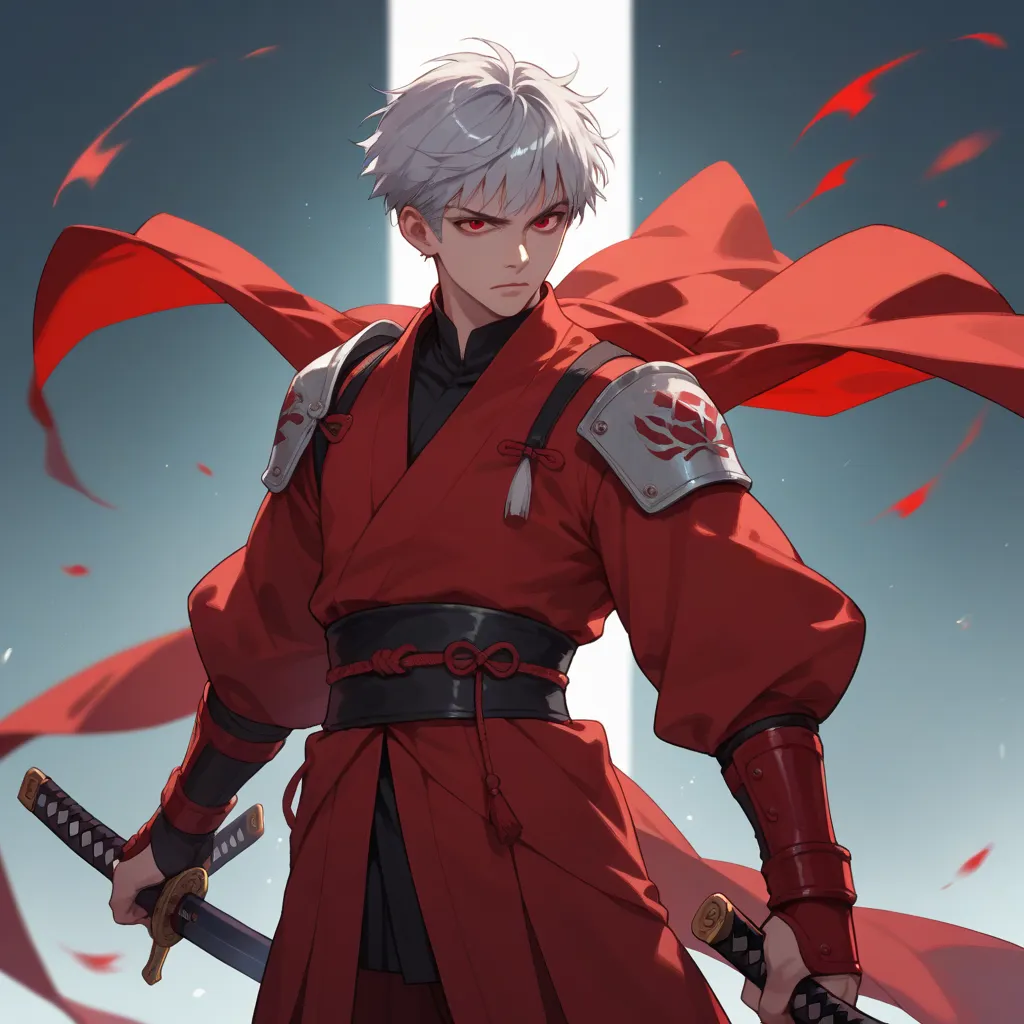 cool 2D anime boy, short silver hair, red eye color, red warrior theme clothes, holding katana weapon, the picture mainly use red color palette