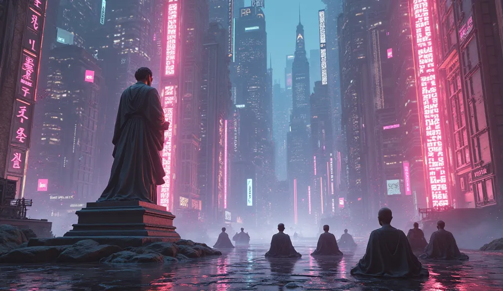 "A futuristic world where Marcus Aurelius' statue stands in a grand neon-lit city, blending ancient philosophy with cyberpunk aesthetics. Floating holographic texts of Stoic wisdom illuminate the skyline, and robotic monks meditate nearby."