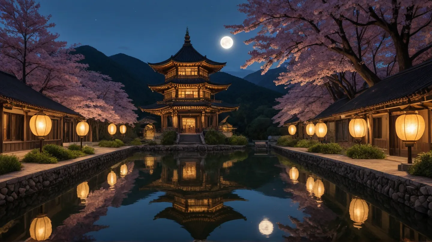 "A mesmerizing full moon night scene in a traditional Asian garden. A beautifully illuminated pagoda-style house stands beside a tranquil pond, surrounded by lush cherry blossoms and delicate lotus leaves floating on the water. The glowing lanterns inside ...