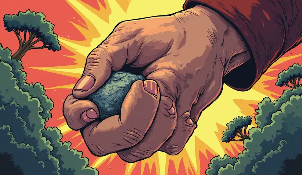 Create a high-resolution Vector style. The background should have a comic-style, A close-up of Ethan’s hand gripping the small stone tightly, his knuckles turning white.