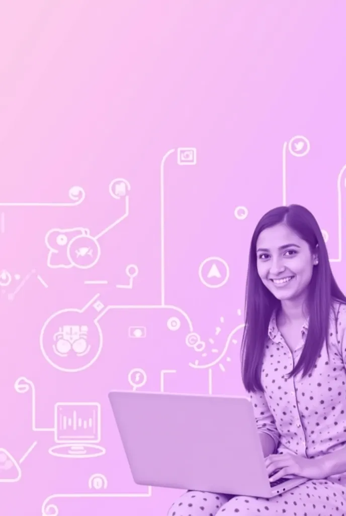 Prompt (English):
A promotional banner for an advanced digital marketing course exclusively for women in Bangladesh. The background is a soft pink and purple gradient. Show a confident young Bangladeshi woman with a laptop, surrounded by subtle digital mar...