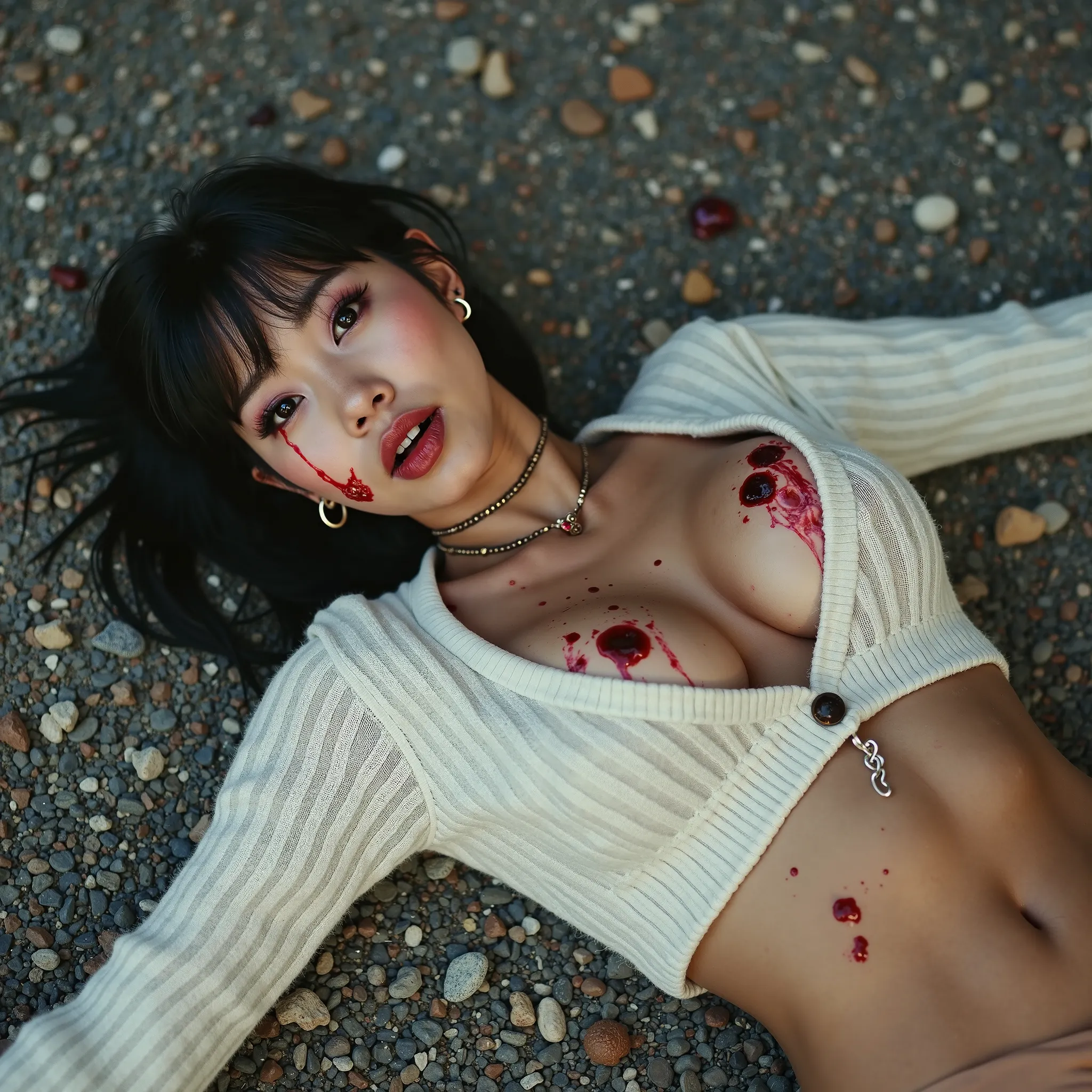 Gorgeous asian woman, with ponytail & short bangs, hoop earrings, choker, huge oversized breasts that have large red liquid circle tips with tiny crop top white ribbed knit button down sweater that's been completely unbuttoned & ripped open. She is lying o...