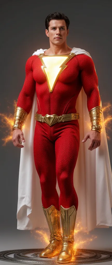 Full body photorealistic handsome hunky young futuristic Young  Shazam with black hair wearing a red  micro honeycomb weaving textured transparent mesh costume, golden belt and gloves and boots..and wristbands that can manipulate levitation, his body is co...