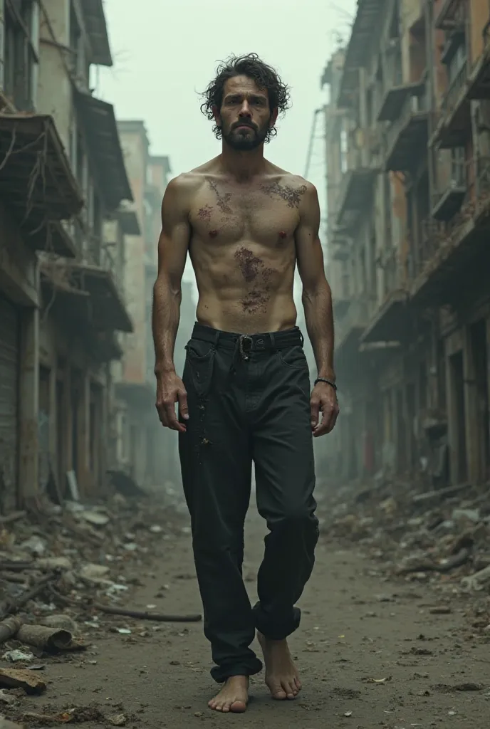 Young man 24 years old, dark circles, anaemic, Caucasian,  disheveled, Shirtless, shirtless chest scar, tired face, black pants, Barefoot abandoned city 