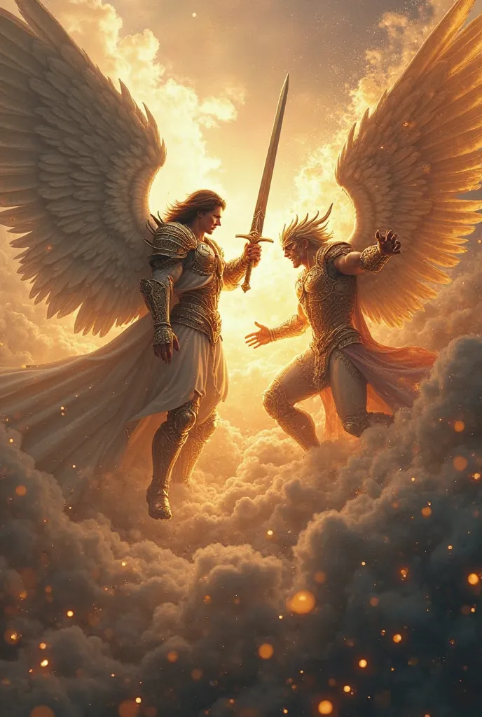 Create image of archangel Michael and Lucifer fighting each other