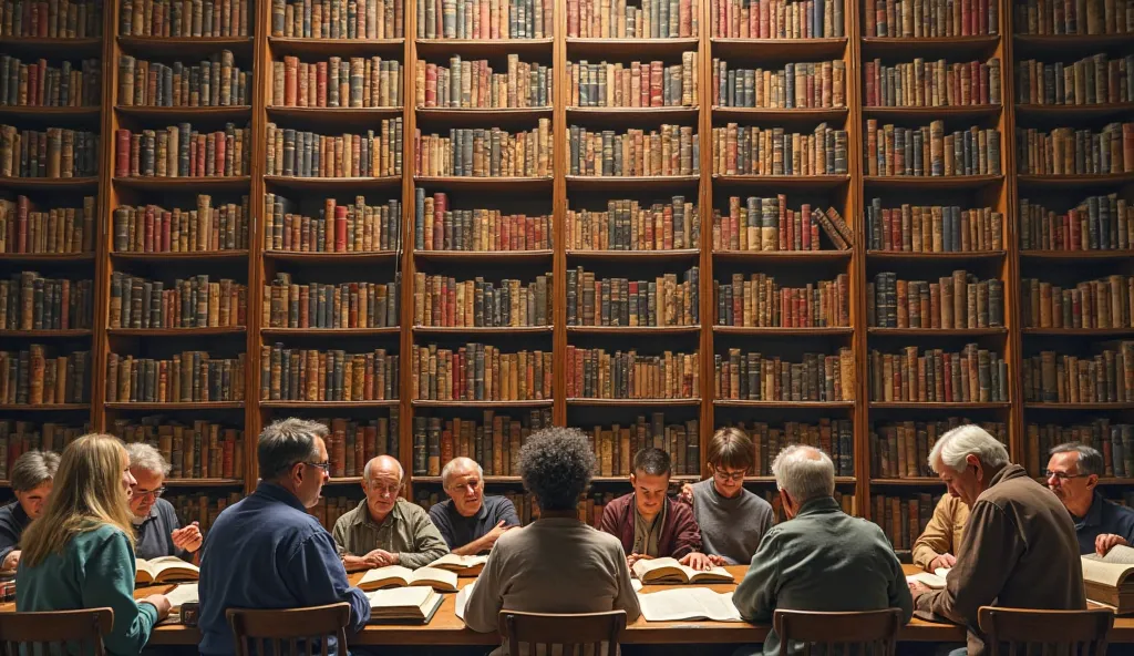 Large bookcase of old and new books, with different sizes and shapes, some shining slightly, with people of diverse ages and cultures reading and talking around, showing diversity and life in the Scriptures.