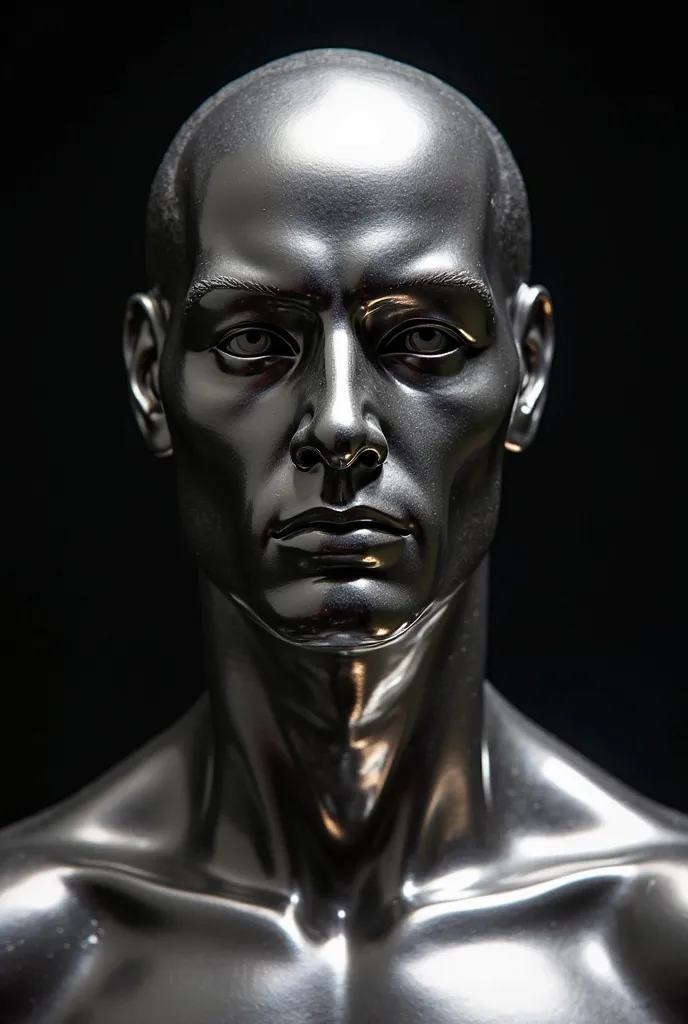 "A close-up of a highly polished silver metallic statue
of a man's head and shoulders. The metal reflects
light intensely, creating a gleaming effect. The statue
has well-defined features, with strong cheekbones
and a jawline. The lighting is dramatic, wit...