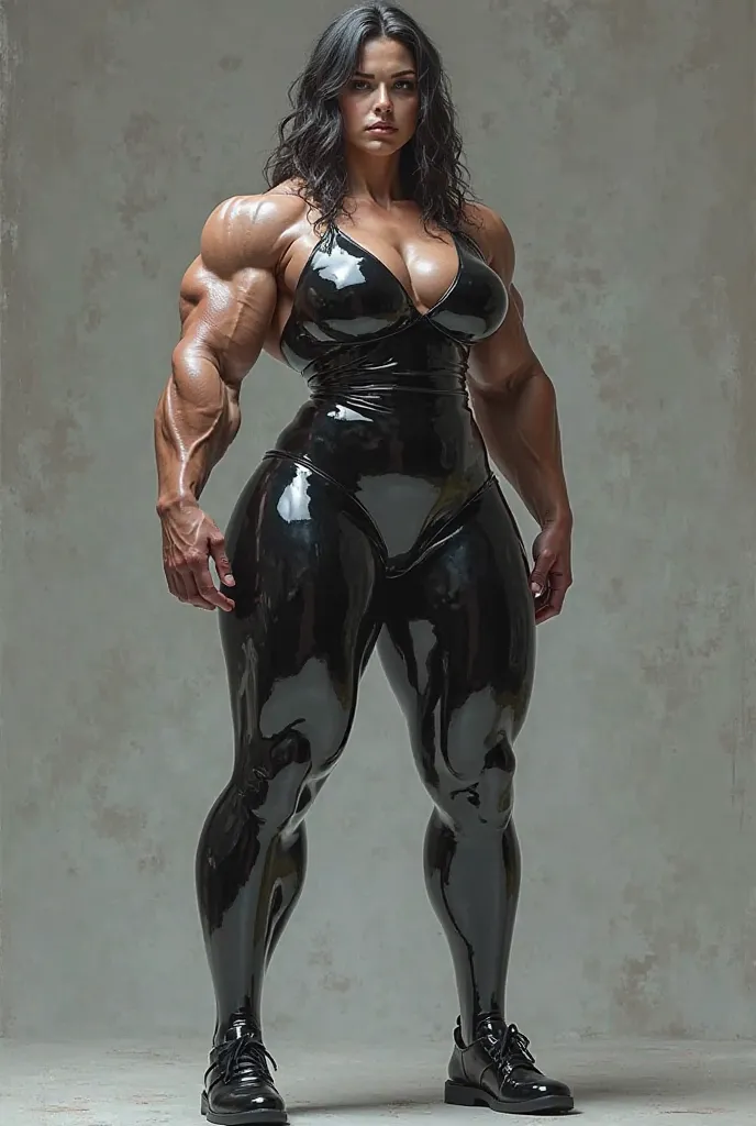 Huge Muscular Girl Huge Muscle Woman With Latex Gray Pants And Shirt Latex Black Show Big Butt Thicc Butt Thick ass