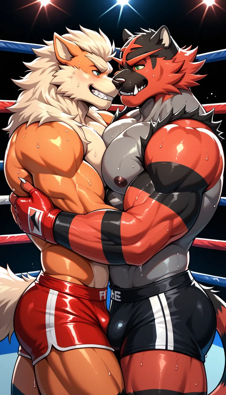 Duo anthro male(anthro Red Incineroar vs anthro Arcanine), handsomes(handsome hairstyles, Thick eyebrows, detailed face), [anthro Red Incineroar: big muscle body, angry], [Arcanine: Big muscle body, muscle abs, evil grin, growling], Position(Cuddling embra...