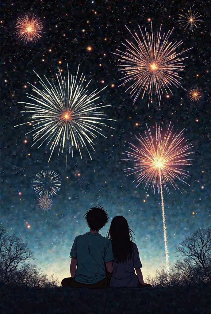 Scan page de manga fond écran noir et blanc d’un couple assis sous une pluie d’étoile filantes et feu d’artifice dans la nuit 