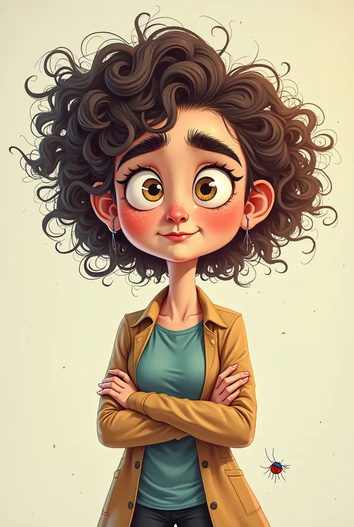 Cartoon of a teacher with curly hair and thick eyebrows with a flea behind her ear 