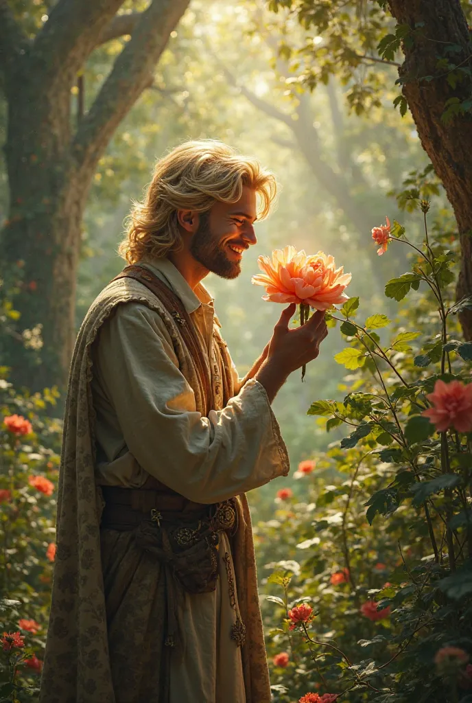 Yellow-haired blond man with joy smelling a very beautiful flower in a forest from an ancient era 