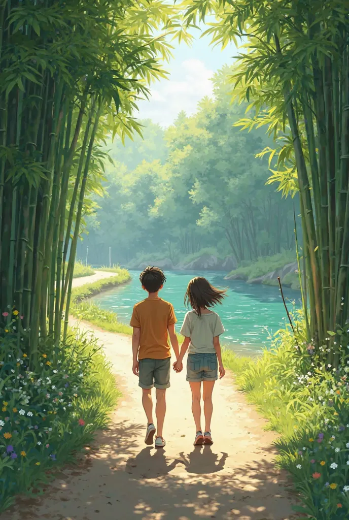 A 15-year-old boy is walking along a road with his girlfriend. And there are some bamboo groves on the side of that road and a river on the site.