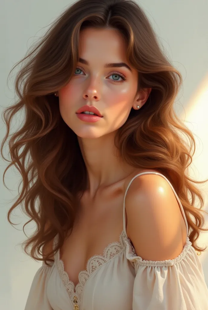 A 20-year-old woman, full body brown hair,
 thin , with blue eyes, curly hair 