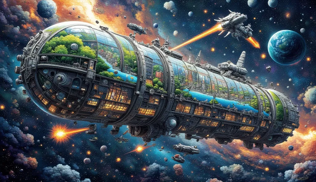 A massive O'Neill cylinder space colony floating in the vastness of space, surrounded by a field of stars and glowing nebulae. The structure is detailed with transparent panels showing lush green landscapes, futuristic cities, and rivers inside. Gigantic G...