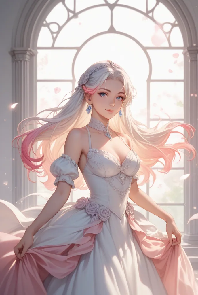 So anime, anime character with beautiful face, gentle expression, elegant pose ,  long pastel-colored hair , wearing beautiful dress with intricate details, surrounded by soft light effect, abstract background, digital painting halus, high quality, 8k, ult...