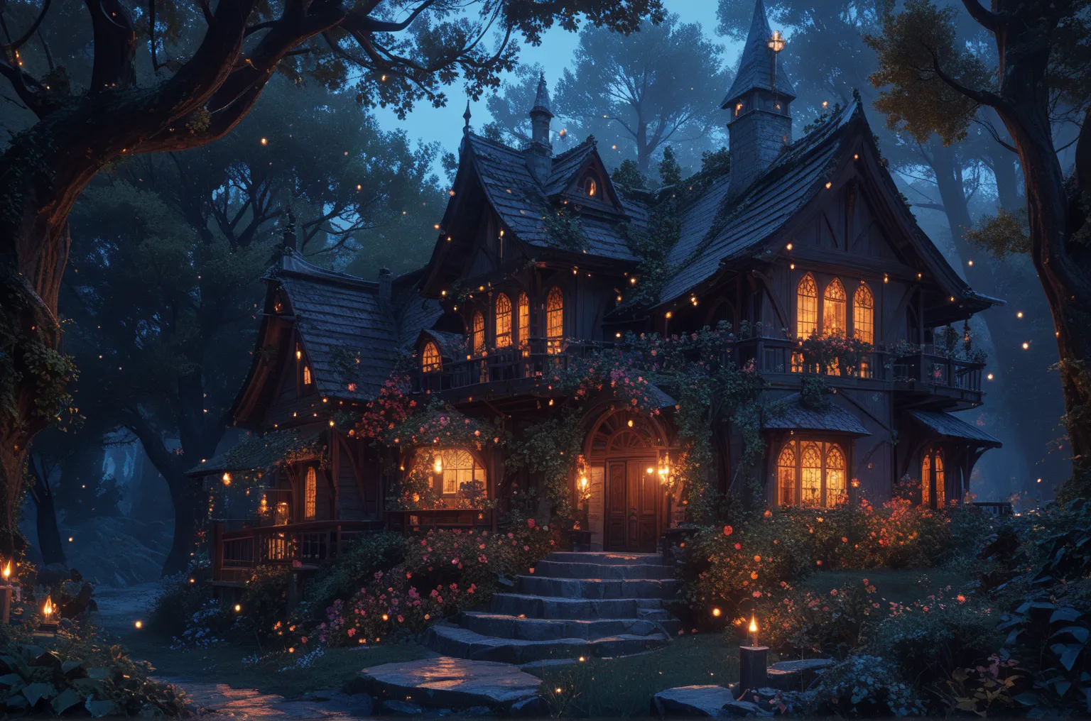 
There is a house with lots of windows and lights, beautiful rendering of a fairy tale , realistic  fantasy rendering by Andreas Rocha , Fantasy House,  Inspired by Andreas Rocha , Andreas Rocha style,  cozy and enchanting scene,  fantasy rendering by Andr...