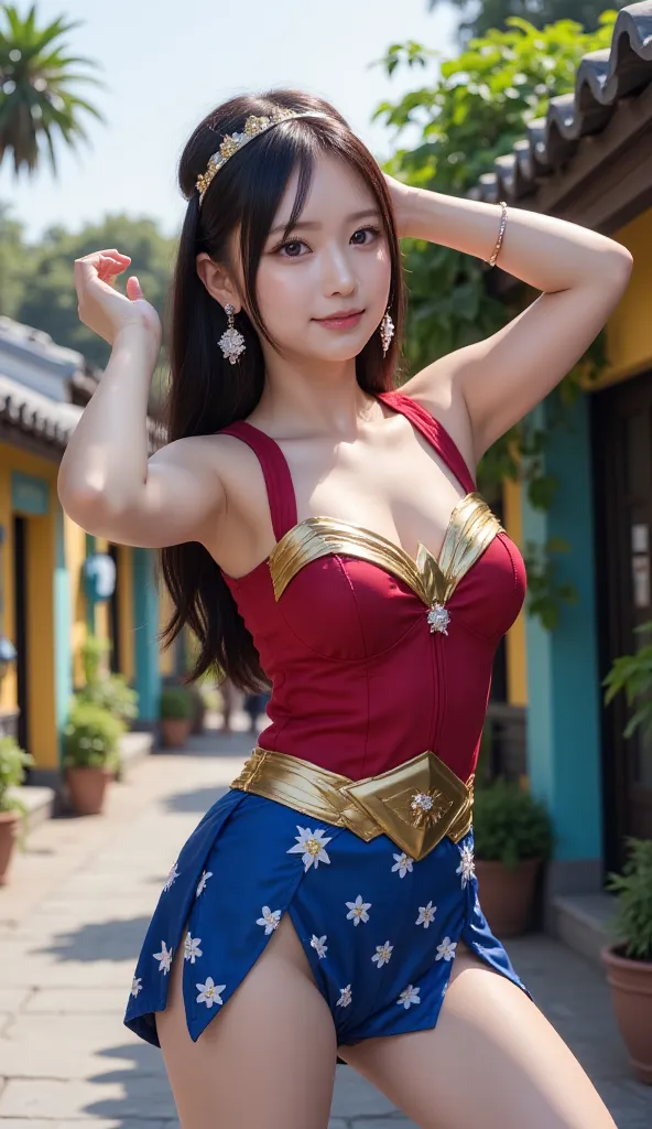 a young plump asian woman, wearing wonder woman mini costume, her hands in the air, One Side Up, location in village, Multi-Tied Hair, 