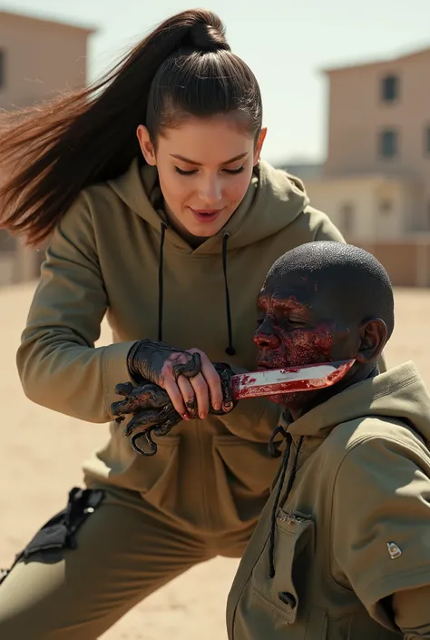 Realistic, A Very beautiful woman, woman very thick hair, boy hoodie, woman kill boy, woman very big breast, woman slaughters boy neck like a lamb, boy neck is flowing with blood, woman knife, boy dead, boy full face mask