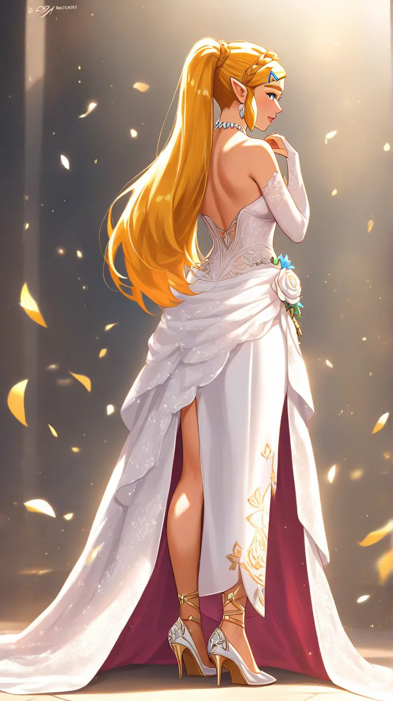 Zelda from Breath of the Wild, sexy, in her outfit from the game but its a small wedding dress with long golden hair in a high ponytail and high heels