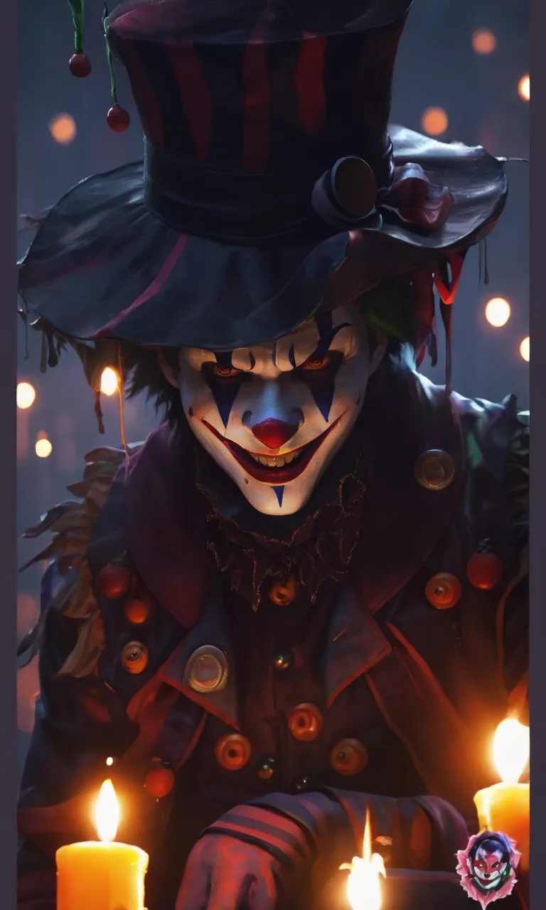 a close up of a clown with a hat and a candle, joker looks like naruto, joker as vampire devil clown, omen from valorant, trending on artstation.', shaco from league of legends, cutecore clowncore, love death and robots, portrait death clown, fantasy art s...