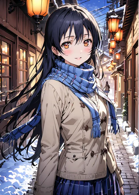 Sonoda Umi  , Alone,long hair, bungs, Between the eyebrows, brown eyes,  Lantern,smile,blush,open your mouth,half up do,Glasses,duffle coat,(sweater  :1.2),( turtleneck:1.2),blue scarf ,Long Skirt,boots,snow,morning,walking,full bodyがillustration for both ...