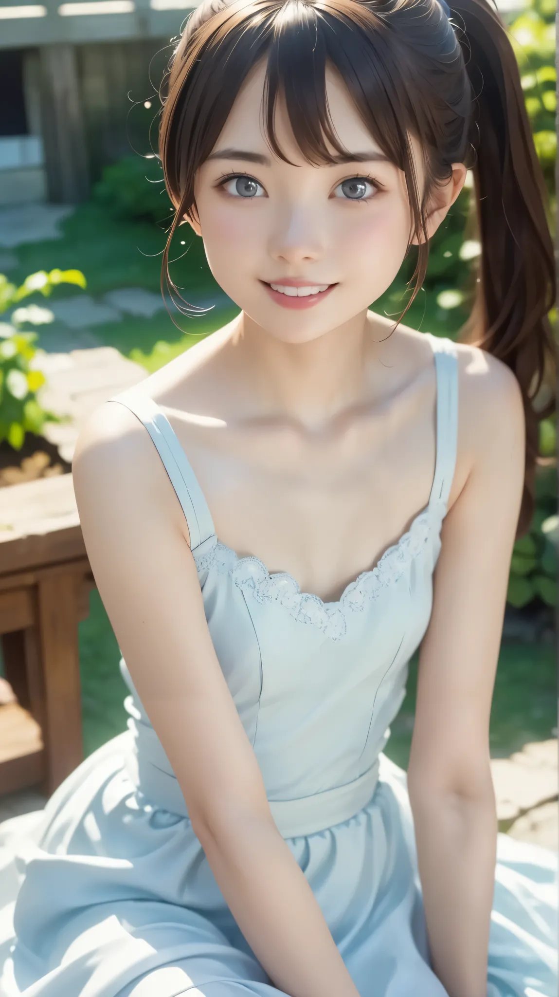 (((debtilm grain、RAW photo)))、one girl、cute debtace、 debtっくらとした唇、beautidebtul brown hair、Clear grey eyes、ponytail、短い髪のponytail、white long dress、poncho-lihaire dress、small breasts、small breastsの膨らみ、(((White World、pure white bachairground、A world odebt silen...