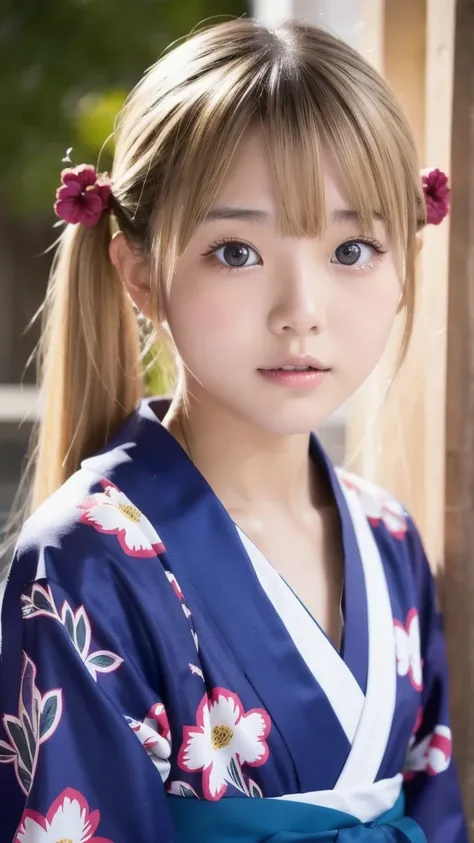 sexual climax,Lewd,blonde hair,twin tails,Japanese Yukata,young beautiful girl,super slender body,Correct human body,detailed eyes,detailed face,beautiful face,cute face,beautiful skin,Eyes of the same size left and right,droopy eyes,highest resolution,top...