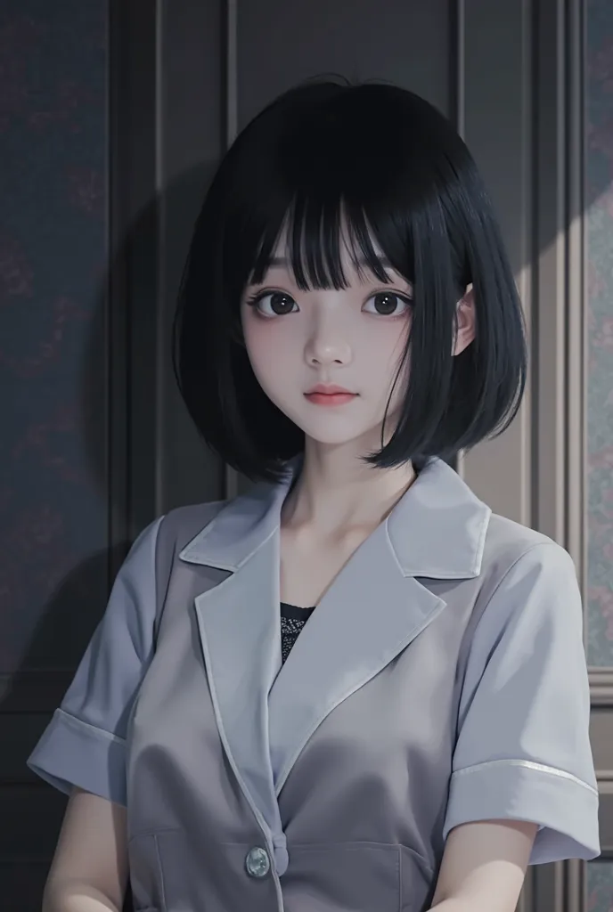 style: 現代的inリアルなドラマ風、calm tone

Person: a 17-year-old Japanese high school girl。bob hair（long enough to not fit on the shoulder）in、black hair straight。The bangs are heavy。Makeup、very light makeup。表情は控えめin、it feels like there is a shadow somewhere。少し猫背気味in、...